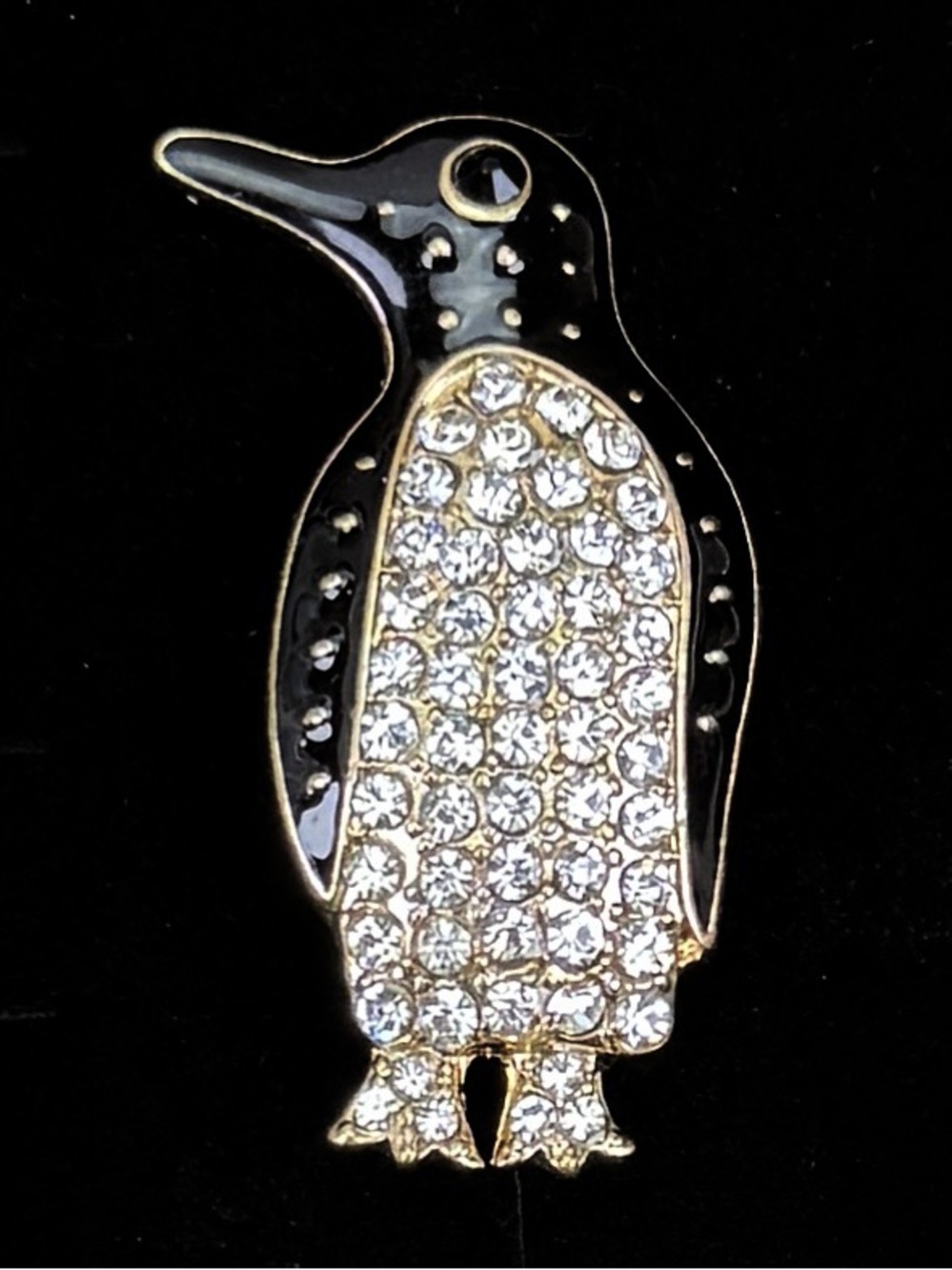 Vintage Penguin Rhinestone Enamel Gold Tone Figural Brooch Pin Black & White